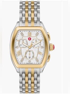 NIB Michele Releve Diamond Two Tone Bracelet Watch 45mm 0.04 ct